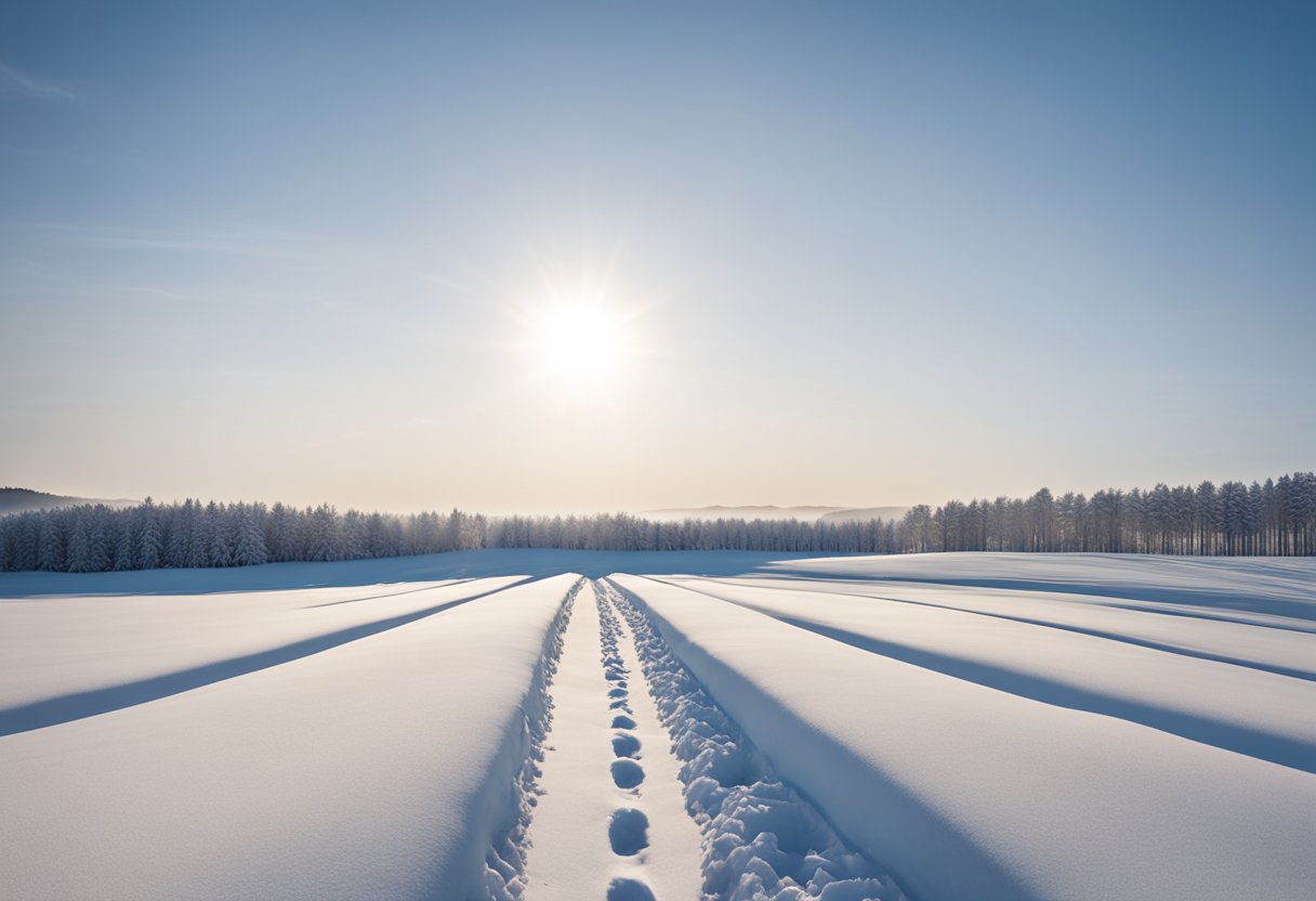 A snow-covered field with a single line of footprints stretches into the distance under the bright winter sun. Snow-covered trees accentuate the horizon, capturing a serene talvella scene.