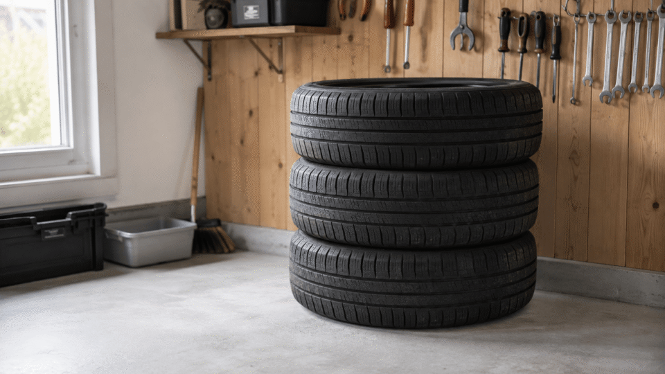 Auton renkaat varastoituna autotallissa. Renkaiden säilytys kotona