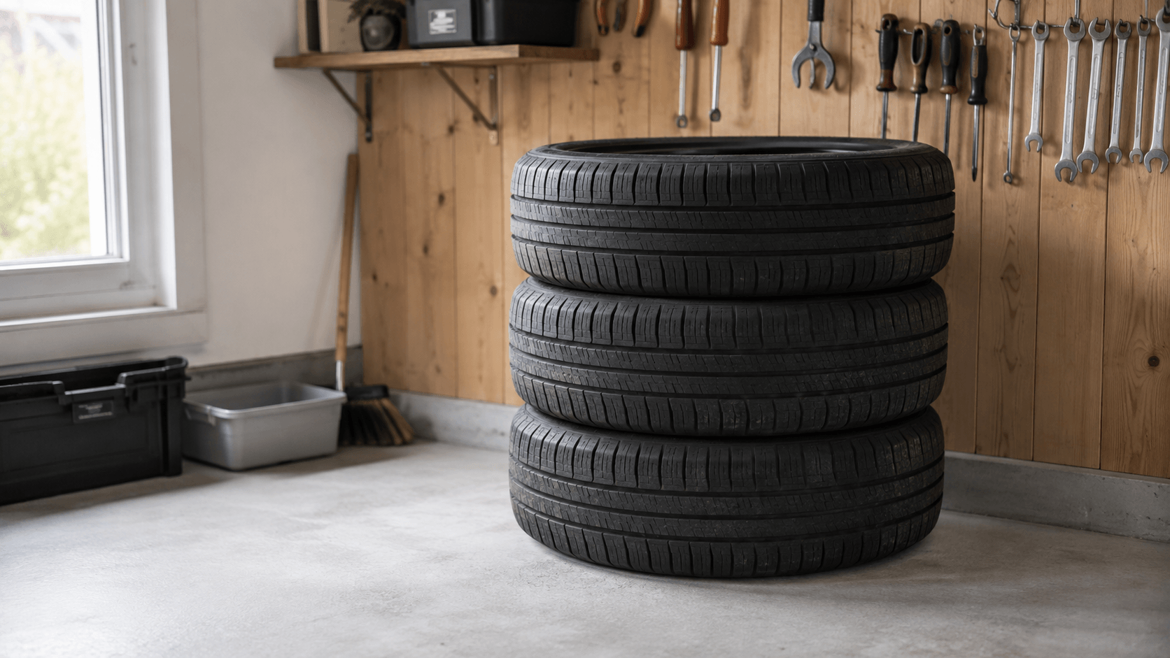Auton renkaat varastoituna autotallissa. Renkaiden säilytys kotona