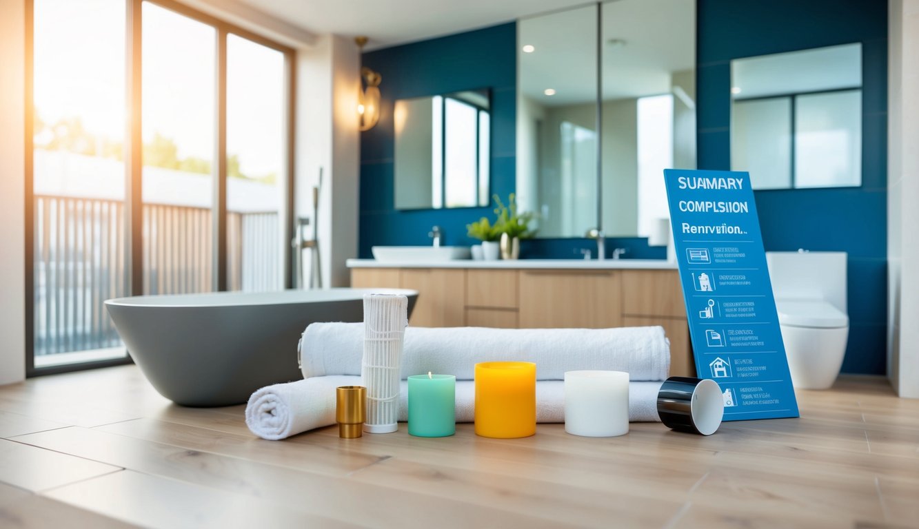 A modern bathroom features a freestanding bathtub, candles, and towels, with an automaattinen touch. A blue renovation luonnos board rests neatly on the floor.