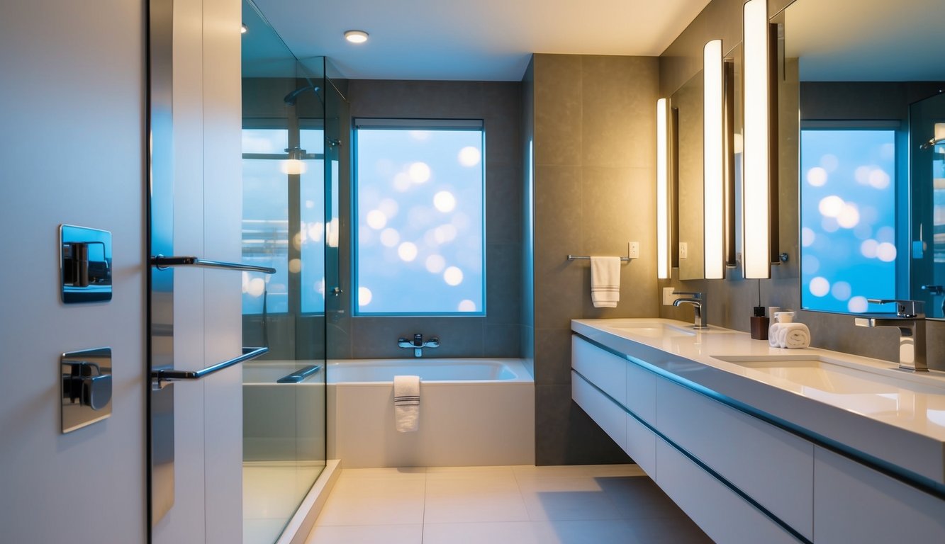 Modern bathroom with a glass shower, bathtub, large mirror, and sleek double sink vanity. Neutral tones and soft lighting create a clean, minimalist look reminiscent of an automaattinen luonnos design.