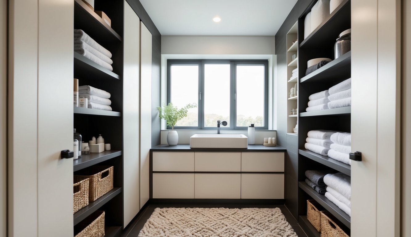 A moderniin kylpytilaan boasts a central sink, large window, and shelves stocked with towels and woven baskets, featuring a textured rug that adds both comfort and style to the floor.