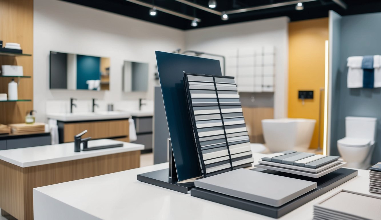 Explore our modern showroom, offering inspiration and vinkit for your kylpyhuoneremontti. Discover bathroom fixtures and tile samples, featuring sinks, mirrors, and toilets set against a backdrop of wooden cabinets and shelving to transform any moderniin kylpytilaan design.