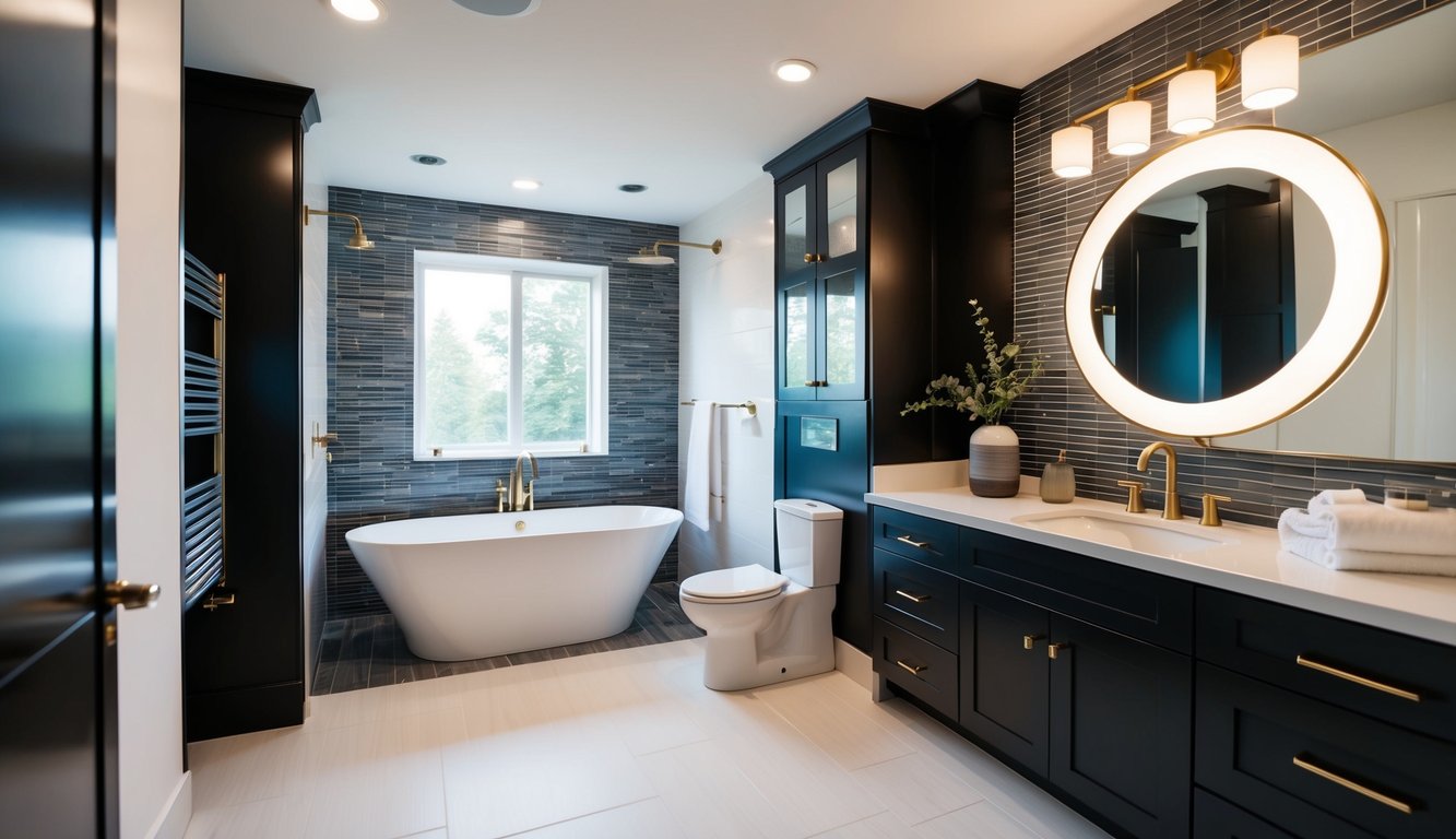 Moderni kylpytila featuring a freestanding bathtub, a large circular mirror above a vanity, dark cabinetry with gold hardware, and a window providing natural light offers ultimate relaxation. Perfect for anyone seeking vinkit for the perfect kylpyhuoneremontti.