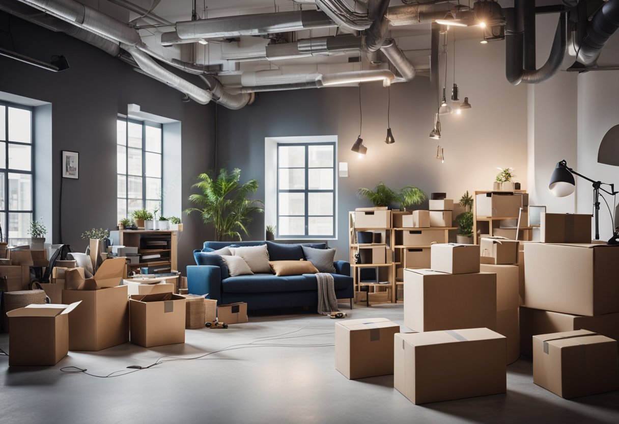 Modern living room filled with numerous cardboard boxes, a blue sofa, and various potted plants, indicating käytännölliset ratkaisut during a recent move or renovation.